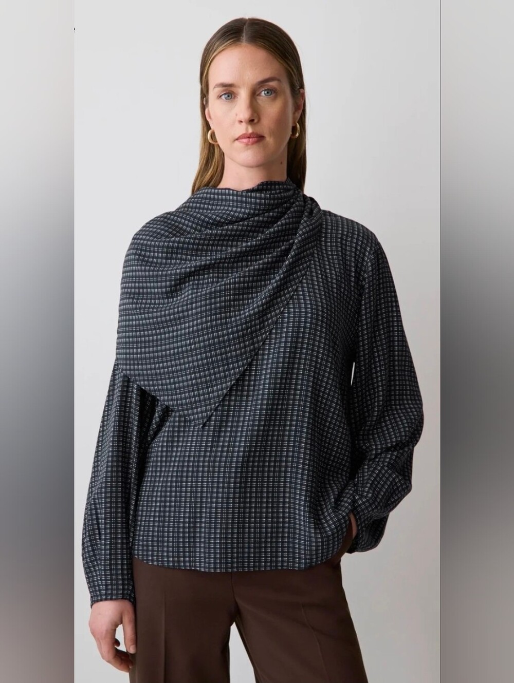 Long-Sleeve Popover Blouse with Detachable Scarf Neckline